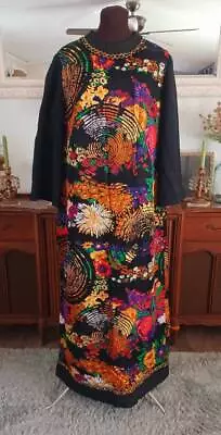 Vintage 70's Psychedelic Dress Hostess Gown Hippie Maxi Hawaii Volup Sz • $65