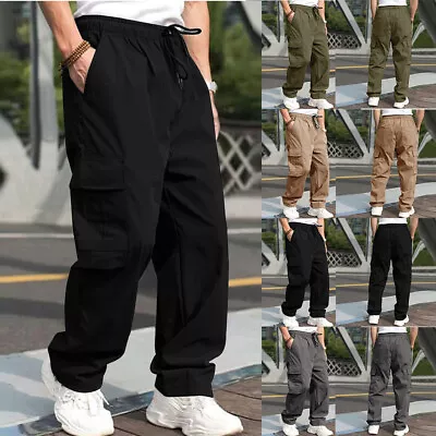 Men Elasticated Cargo Combat Work Walking Trousers Casual Sweatpant Multi Pocket • £14.39