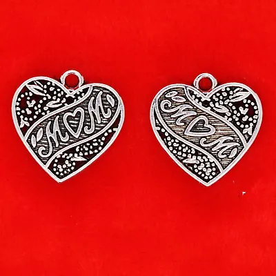 8 X Tibetan Silver Mum Mom Love Heart Double Side Mother's Day Gifts Charms • £2.49