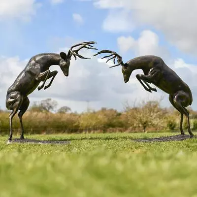 Pair Of Life-Size Fighting Bucks Sculpture - Aluminium Outdoor Stag Ornament • £1500