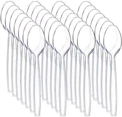 20-200Pcs Clear Disposable Plastic Spoon Reusable Dessert Spoons Family Party UK • £4.38