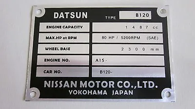 $40 • Buy Datsun 1200 UTE B120 A12 A14 A15 CA18 SR20 12A 4AGE Chassis Plate ID Tag Blank