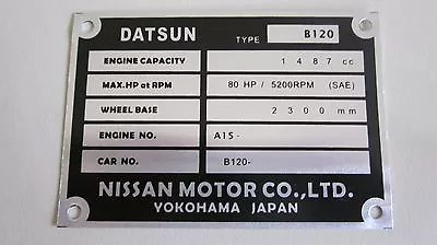 Datsun 1200 UTE B120 A12 A14 A15 CA18 SR20 12A 4AGE Chassis Plate ID Tag Blank • $50