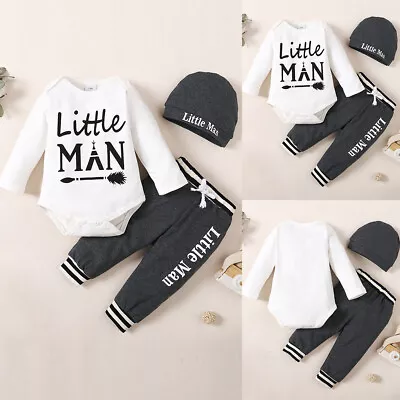 Toddler Kids Baby Boys Long Sleeve Romper T-Shirt + Trousers + Hat Outfits Set • £9.19