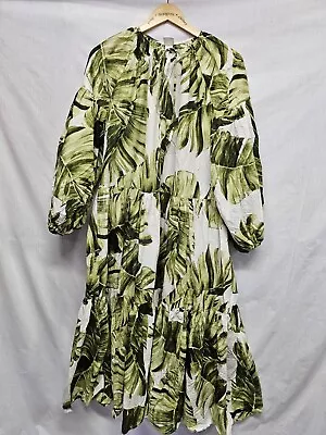 H&M Trend White Green Tropical Palm Leaf Balloon Sleeve Midi Size S Dress • $39.99