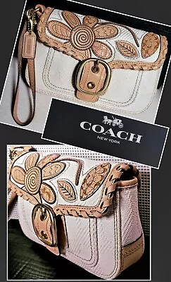 COACH Bleeker Vachetta Leather Fabric Floral Appliqué Wristlet Purse Limited • $170