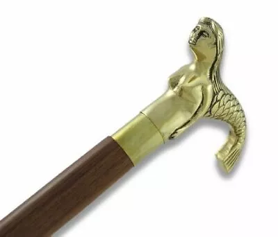 Golden Mermaid Brass Head Vintage Style Handle Wooden Walking Stick Shaft Cane • $36.49