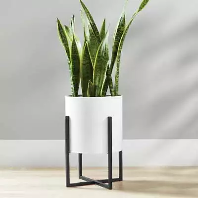 11 Inch White Round Metal Planter With Black Metal Stand Flower Pot • $24.28