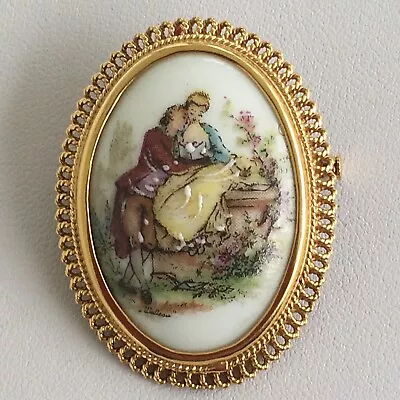Vintage Limoges Courting Couple Sweethearts Porcelain Brooch. Trombone Clasp. • £25.99