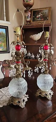 Hollywood Regency Vintage Round Crystal With Cherub Table Lamps Pair  • $400