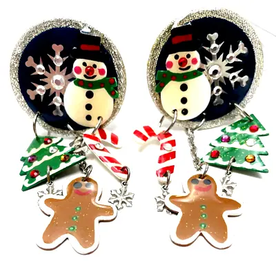 Vintage Mam' Signed Earrings Clip Dangle Christmas 3.5  Handmade Paper Snowman  • $40