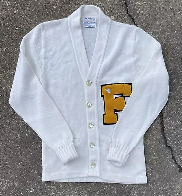 Vintage Varsity Letterman Cardigan Sweater “F” Patch White Cardigan Size Medium  • $46