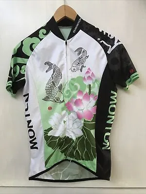 Monton Womens Cycling Jersey Full Zip Black Green Pink Flower Koi Size Large • $28.95