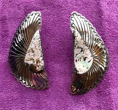 Vintage Native American Earrings ~ Sterling & White Turquoise ~ Rita Touchine • $123