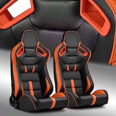 Black-Orange PVC Reclinable C-Series Sport Racing Seats Pair W/Slider Left/Right • $345.98
