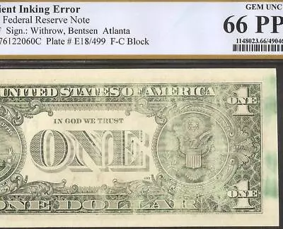 1993 $1 Bill Insufficient Missing Ink Error Note Paper Money Pcgs 66 Ppq • $125