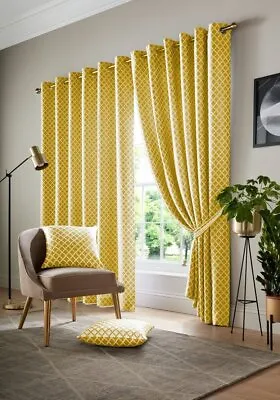 Cotswold Geometric Lattice Jacquard Lined Eyelet Ring Top Curtains Pair • £40.99