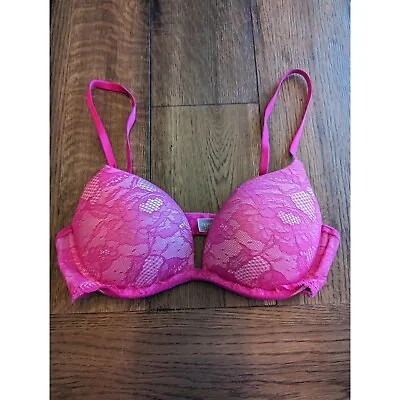 Victorias Secret Womens Sz 34C Biofit Push Up Bra Dark Pink Lace • $19.40