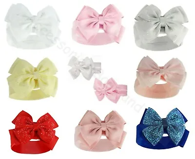 Baby Girl Headband Sparkle Glitter Bow Spanish Style Pink Or White By Soft Touch • £3.19