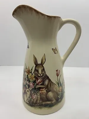 Vintage Beige Ceramic Pitcher W/Rabbits Tulips Butterflies Easter Unmarked • $31.99