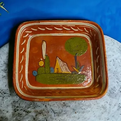 Vtg Mexican Redware Folk Art Pottery Plate Tray Hand Painted 7.75 X6.75 X1.5  • $17.95