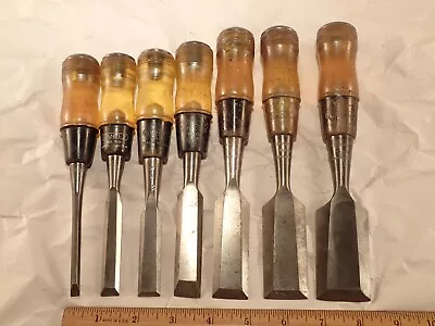 Vintage Lot Of 7 Stanley No. 60 Beveled Edge Butt Chisels W/ Permaloid Handles • $48.50