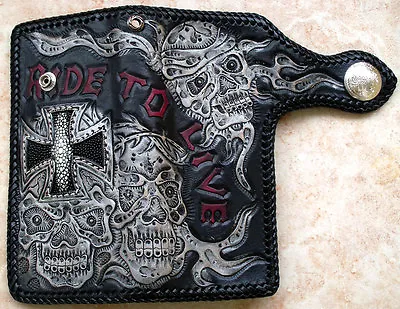 Vintage Tattoo Skull Cross Genuine Stingray Skin Leather Biker Wallet Custom New • $199