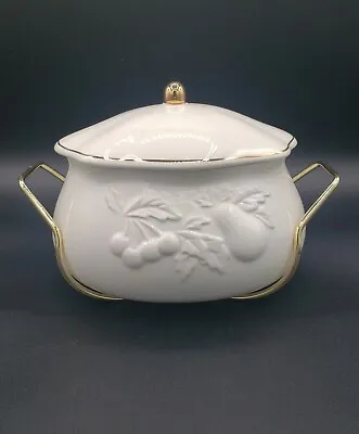 Teleflora Soup Tureen Serving Bowl Lidded Gold Accents Metal Rack Fruit Designs  • $15.99