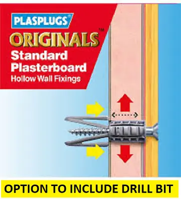 PLASPLUG Plasterboard Fixings Plugs Cavity Hollow Wall OPTION FOR DRILL / SCREWS • £0.99