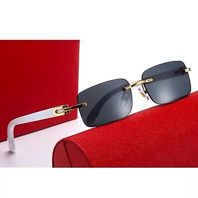 Men's Gold Frame Black Tint White Woodgrain Hip Hop Rimless Summer Sunglasses​ • $14.99