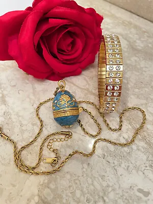 Imperial Faberge Egg Necklace Pendant Locket Bracelet Set Style Fabergé Egg Blue • $99