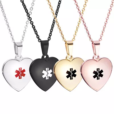 CUSTOM ENGRAVE! Plump Heart Medical ID Stainless Pendant Necklace 4 Colors • $24.97