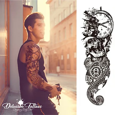 Temporary Tattoo Sleeve Polynesian Tribal Maori Skull Clock Mens Womens • £4.99