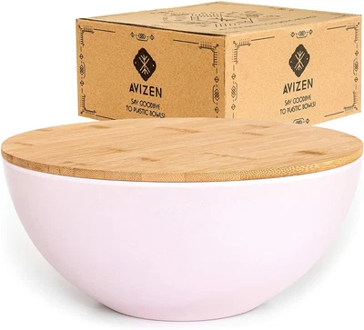 $20 • Buy AVIZEN Pink Bamboo Salad Bowl With Lid - Large Salad Bowl