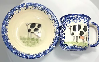 Molly Dallas Pottery Cereal Soup Bowl And Cup Mug Spatterware Cow Set Of 2 • $16.99