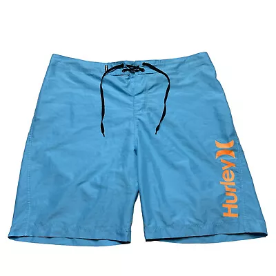 Hurley 21   Board Shorts Mens Size 36 Aqua Blue Drawstring Neon Orange Swimwear • $19.88