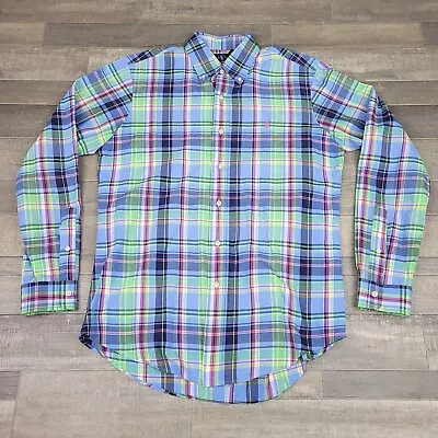 Ralph Lauren Shirt Mens Medium Blue Madras Custom Fit Button Up Long Sleeve • $18.95