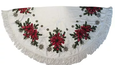 Round Vintage Christmas Tablecloth Poinsettia Pattern With Fringe 50  • $9.95