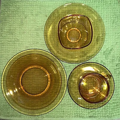 Vintage Duralex Vereco France Amber Glass 6 PC Place Setting Plates Bowls Cup • $29.99