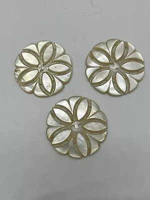 Vintage Large Floral White Mother Of Pearl Buttons Set Of 3 Two Hole • $14.99