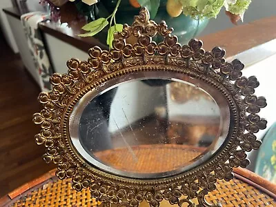 ANTIQUE CAST METAL Three Leaf Clovers VANITY MIRROR ART NOVEAU  10.5” Wall Hang • $32