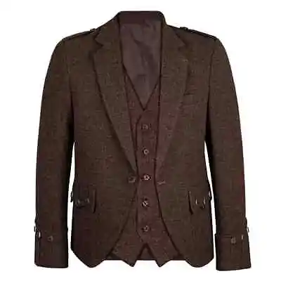 New Brown Tweed Argyle Kilt Jacket With Vest Scottish Wedding Wool Argyll Jacket • $74.99