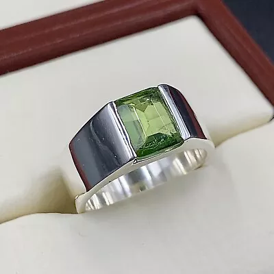 Natural Peridot Ring For Men Emerald Cut Peridot Stone 925 Sterling Silver Ring • £136.73