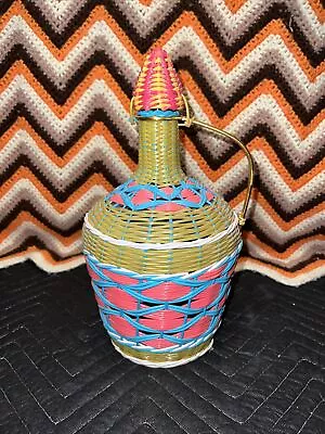 Beautiful Viresa Wine Bottle With Woven Scoubidou Wicker With Cap 10.5” Tall • $40