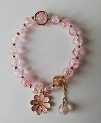 £2.99 • Buy Girls / Ladies Pink Crackle Glass Beaded Bracelet With Daisy Flower Charm 