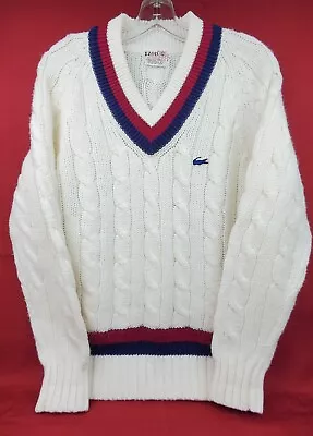 Vintage Izod Lacoste Cable Knit Tennis Sweater W/ Blue Alligator Mens Medium EUC • $99