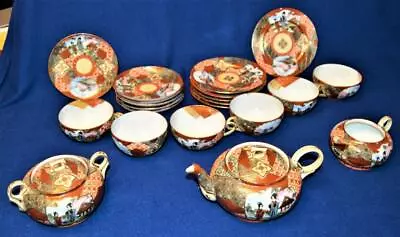 Antique Marked KUTANI Japan Fine China Red Gold Hand Painted 15 Pc Full Tea Set • $637.86