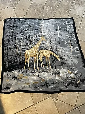 Ellen Tracy Silk Square Scarf - Black/Gray/Gold Giraffes Animal Print 68 X38  • $15