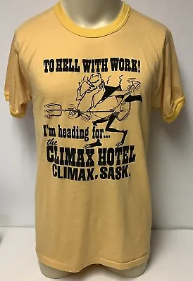 Vintage T-Shirt Funny Devil To Hell With Work ...Climax Hotel Harvey Woods READ • $36.42