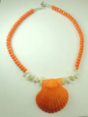 Orange Crystal Necklace With Large Pectin  & White Shell Handcrafted Jewelry • $24.99